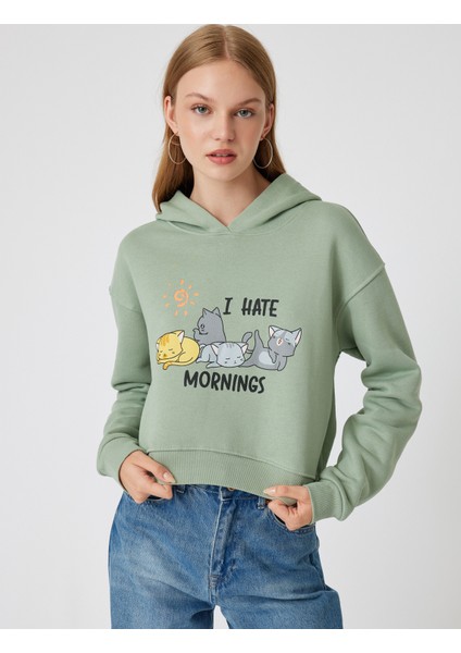 Oversize Crop Sweatshirt Kapüşonlu Kedi Baskılı modelleri