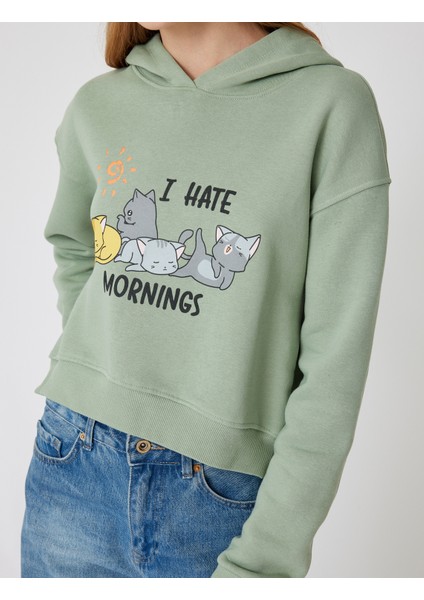Oversize Crop Sweatshirt Kapüşonlu Kedi Baskılı indirimleri