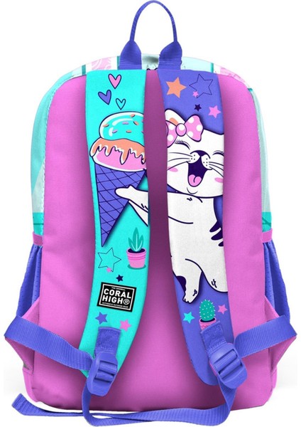 Turkuaz Pembe Dondurmalı Kedi Desenli Okul Sırt Çantası T23751 modelleri
