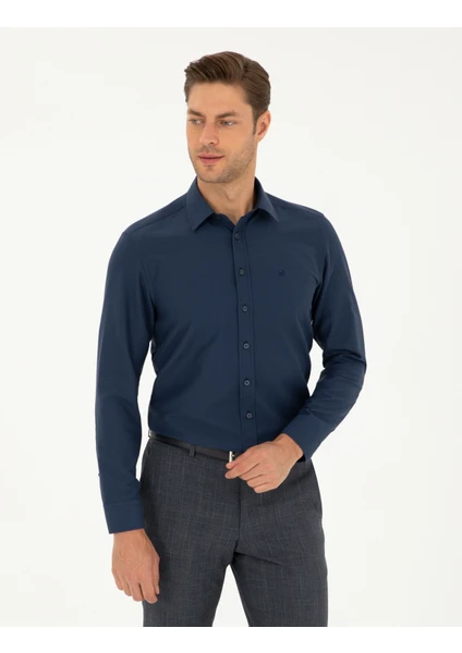 Pierre Cardin Erkek Lacivert Slim Fit Armürlü Uzun Kollu Gömlek 50298071-VR033