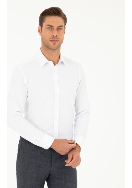 Pierre Cardin Erkek Beyaz Slim Fit Armürlü Uzun Kollu Gömlek 50298054-VR013