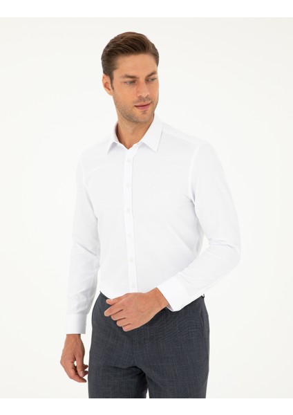 Pierre Cardin Erkek Beyaz Slim Fit Armürlü Uzun Kollu Gömlek 50298054-VR013