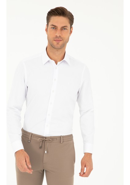 Pierre Cardin Erkek Beyaz Slim Fit Armürlü Uzun Kollu Gömlek 50298040-VR013