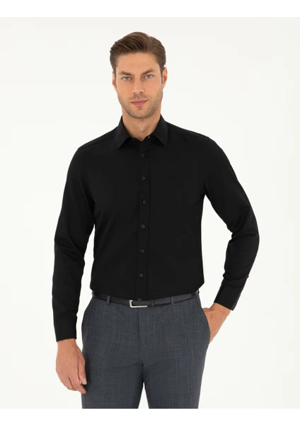 Pierre Cardin Erkek Siyah Slim Fit Armürlü Uzun Kollu Gömlek 50298071-VR046