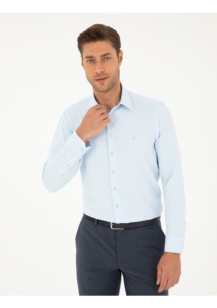 Pierre Cardin Erkek Açık Mavi Slim Fit Armürlü Uzun Kollu Gömlek 50298040-VR003