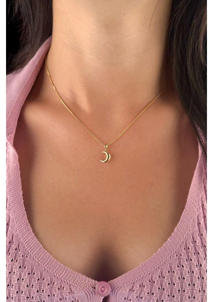 14 Ayar Altın İpek Zincir Hilal Ay Uçlu Kolye modelleri