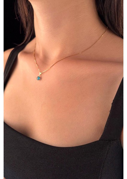 14 Ayar Altın Küp Zincir Mavi Gözlü Nazar Kolye