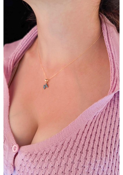 14 Ayar Altın Hayalet Zincir Firuze Taşlı Kelebek Kolye