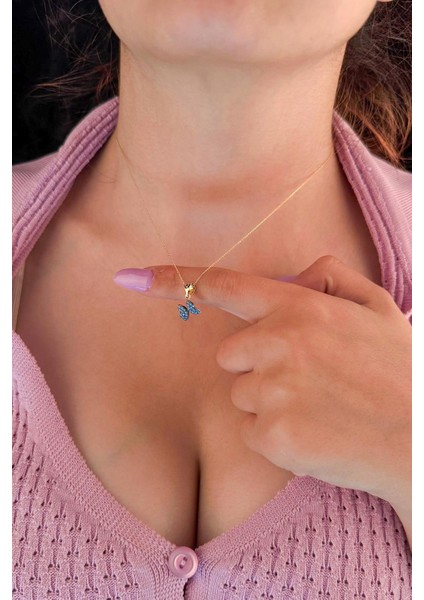 14 Ayar Altın Hayalet Zincir Firuze Taşlı Kelebek Kolye fiyatları