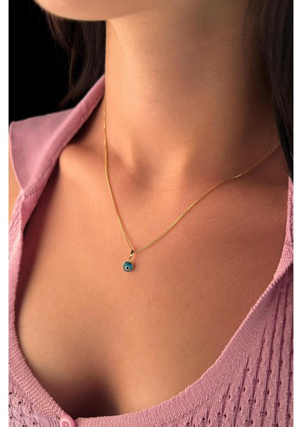 14 Ayar Altın İpek Zincir Mavi Gözlü Nazar Kolye