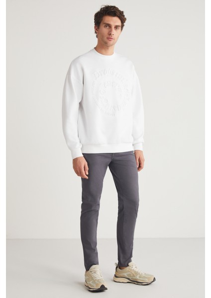 Rodrigo Erkek Bisiklet Yaka Scuba interlok Emboss Baskı Ekru Sweatshirt