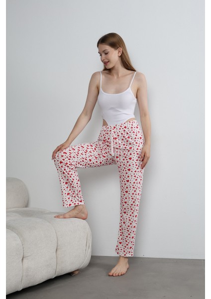 Kadın Kalp Baskılı Ince Lastikli Bel Pijama Altı