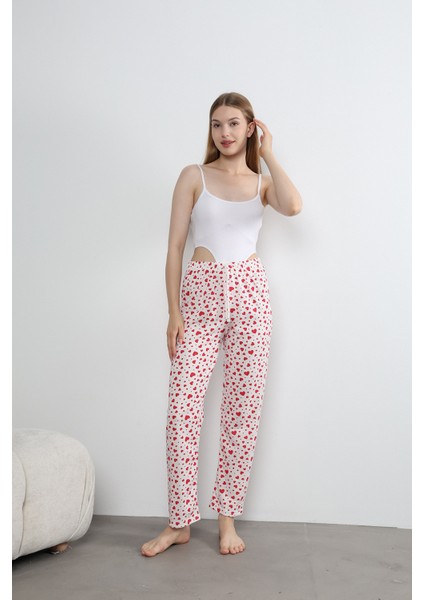 Kadın Kalp Baskılı Ince Lastikli Bel Pijama Altı