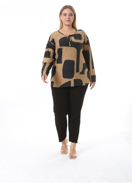 Kadın Büyük Beden Kahverengi Siyah Tunik Siyah Pantolon Takım