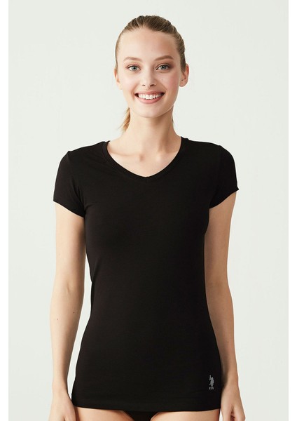 66004 Kadın Modal Kısa Kollu V Yaka T-Shirt-Siyah