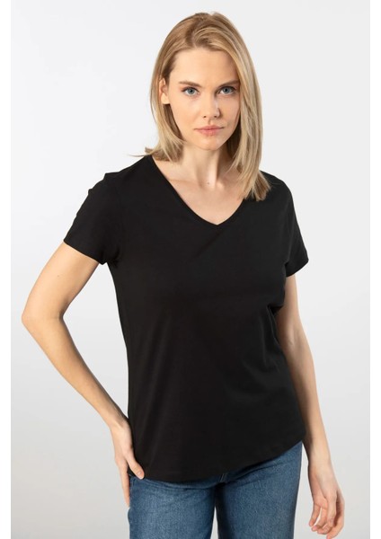 WT-Shirt Venice Kadın Kısa Kollu V Yaka Basic T-Shirt-Siyah fiyatları
