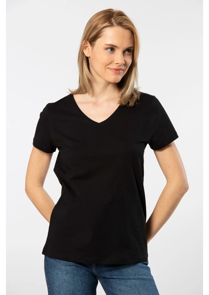 WT-Shirt Venice Kadın Kısa Kollu V Yaka Basic T-Shirt-Siyah modelleri