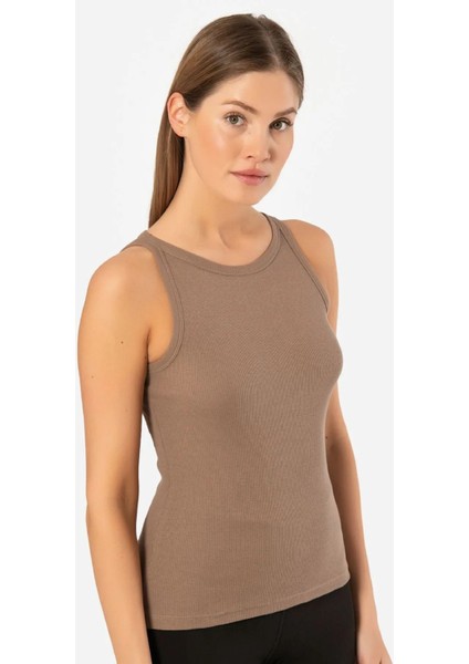 3403 Kadın Halter Yaka Fitilli Atlet T-Shirt-Kahve