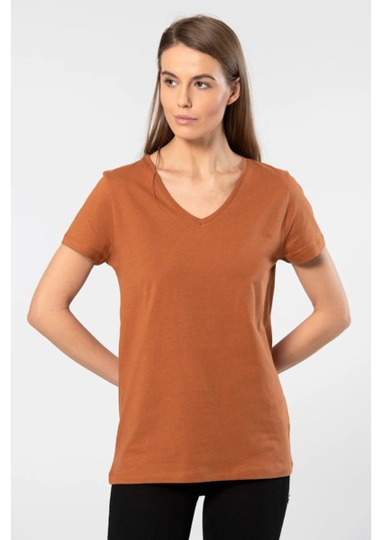 WT-Shirt Venice Kadın Kısa Kollu V Yaka Basic T-Shirt-Tarcin