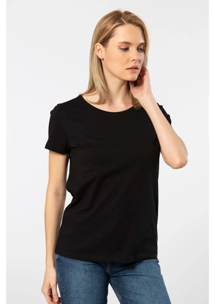 WT-Shirt London Kadın Kısa Kollu Bisiklet Yaka Basic T-Shirt-Siyah fiyatları