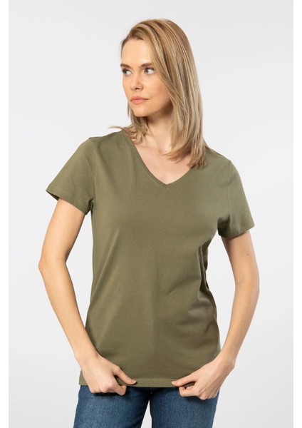 WT-Shirt Venice Kadın Kısa Kollu V Yaka Basic T-Shirt-Haki fiyatları