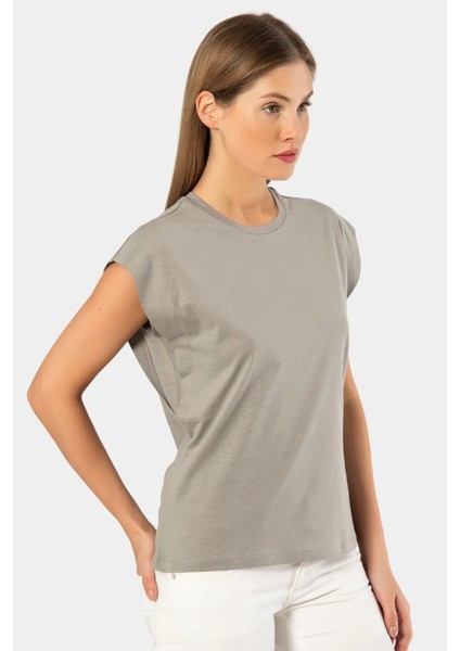 3401 Kadın Vatka Görünümlü T-Shirt-Gri modelleri