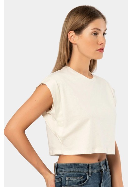 3402 Kadın Vatka Görünümlü Crop T-Shirt-Krem fiyatları