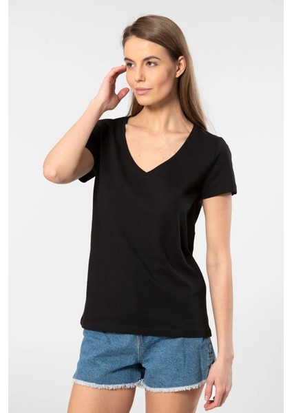 WT-Shirt Milano Kadın Kısa Kollu V Yaka Basic T-Shirt-Siyah fiyatları