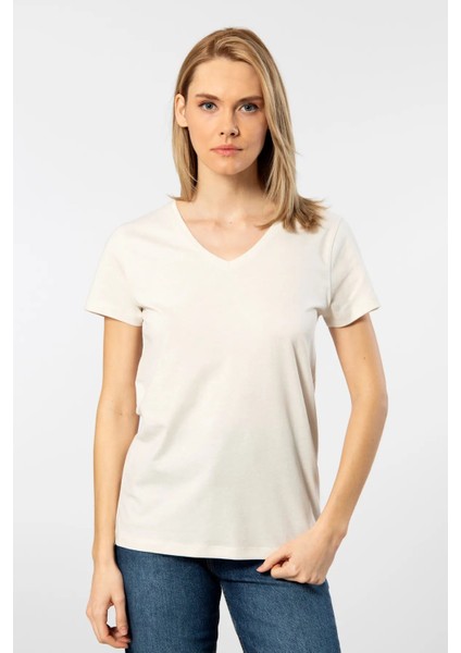 WT-Shirt Venice Kadın Kısa Kollu V Yaka Basic T-Shirt-Bej