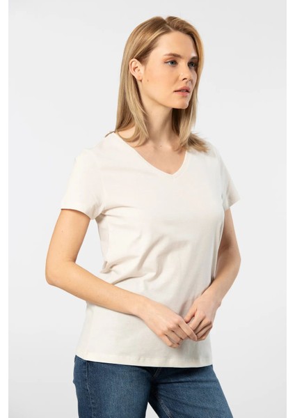 WT-Shirt Venice Kadın Kısa Kollu V Yaka Basic T-Shirt-Bej fiyatları