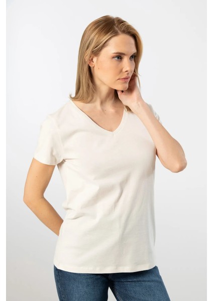 WT-Shirt Venice Kadın Kısa Kollu V Yaka Basic T-Shirt-Bej modelleri
