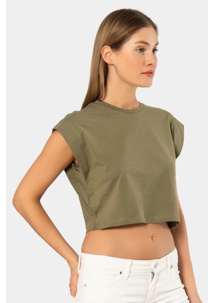 3402 Kadın Vatka Görünümlü Crop T-Shirt-Hakı