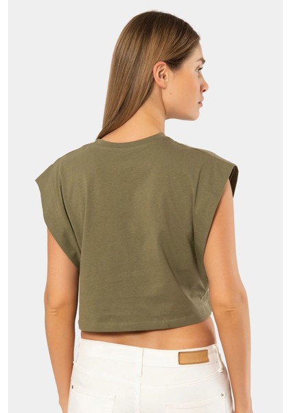 3402 Kadın Vatka Görünümlü Crop T-Shirt-Hakı fiyatları