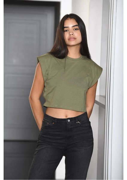 3402 Kadın Vatka Görünümlü Crop T-Shirt-Hakı modelleri