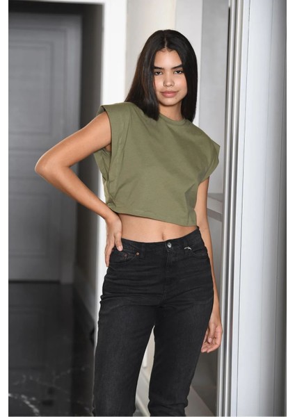 3402 Kadın Vatka Görünümlü Crop T-Shirt-Hakı fırsatları