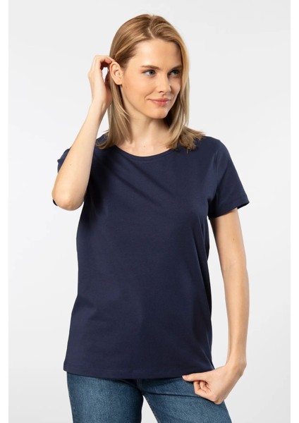 WT-Shirt London Kadın Kısa Kollu Bisiklet Yaka Basic T-Shirt-Lacivert