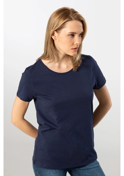 WT-Shirt London Kadın Kısa Kollu Bisiklet Yaka Basic T-Shirt-Lacivert modelleri