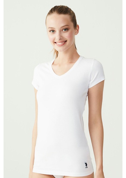 66004 Kadın Modal Kısa Kollu V Yaka T-Shirt-Beyaz