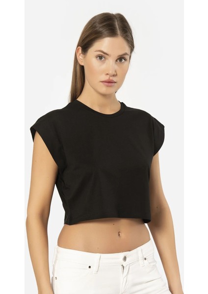 3402 Kadın Vatka Görünümlü Crop T-Shirt-Siyah