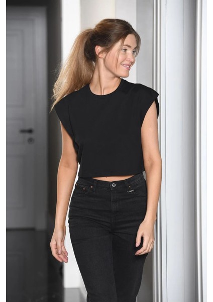 3402 Kadın Vatka Görünümlü Crop T-Shirt-Siyah indirimleri