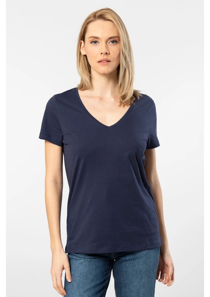 WT-Shirt Milano Kadın Kısa Kollu V Yaka Basic T-Shirt-Lacivert