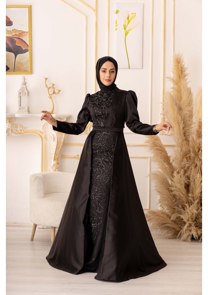 Yıldızabiye Taşlı Plise Detaylı Büyük Beden Balık Model Tesettür Abiye (K18245)