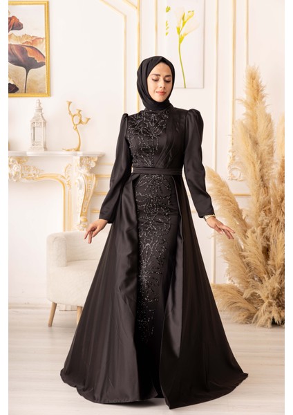 Yıldızabiye Taşlı Plise Detaylı Büyük Beden Balık Model Tesettür Abiye (K18245) fiyatları