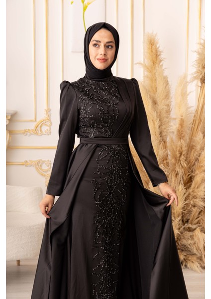 Yıldızabiye Taşlı Plise Detaylı Büyük Beden Balık Model Tesettür Abiye (K18245) modelleri