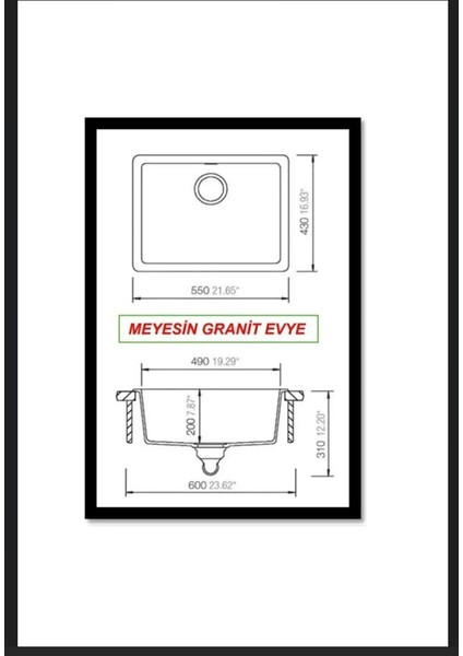 Tezgah Altı Gri Granit Mutfak Evyesi 43 x 55 cm