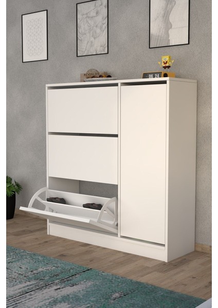 Modern Milano 3 Kapaklı Kayar Raflı Dolaplı Ayakkabılık Beyaz 4 30 cm Garantisiz 118 cm Modern Beya