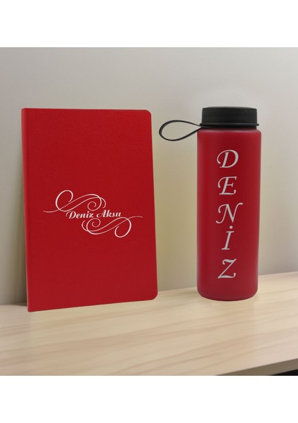 Kişiye Özel Isimli Kırmızı Defter ve Cam Matara Hediye Seti-3, Sevgiliye Hediye, Arkadaşa Hediye, Yeni Iş Hediyesi