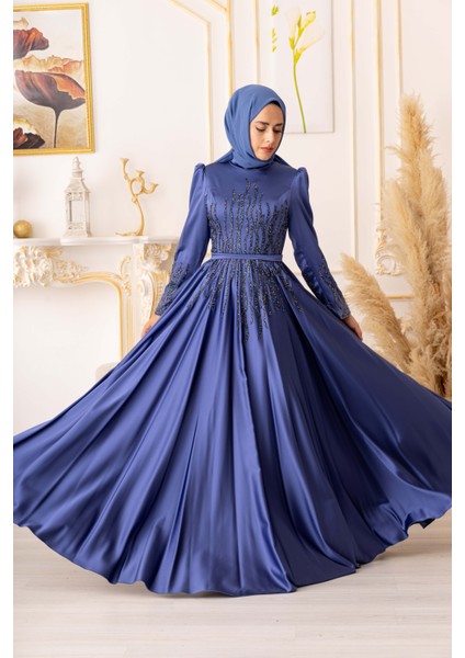 Tüy ve Taş Detaylı Saten Tesettür Abiye (K19825)