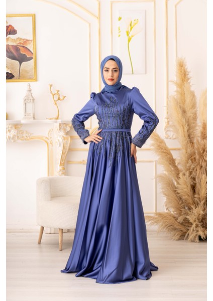 Tüy ve Taş Detaylı Saten Tesettür Abiye (K19825) fiyatları