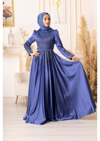 Tüy ve Taş Detaylı Saten Tesettür Abiye (K19825) modelleri